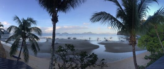 Panoramic image of beachfront in El Nido Phillipines with water, sand, and palm trees with mountains in the background